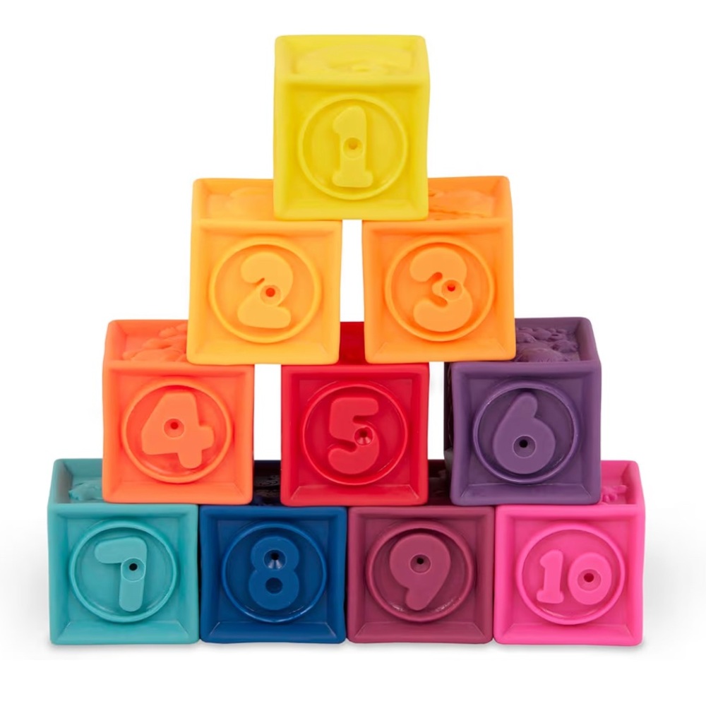 B. Toys Vibrant Soft Stacking Baby Blocks - numbers, animals, shapes, colors.
